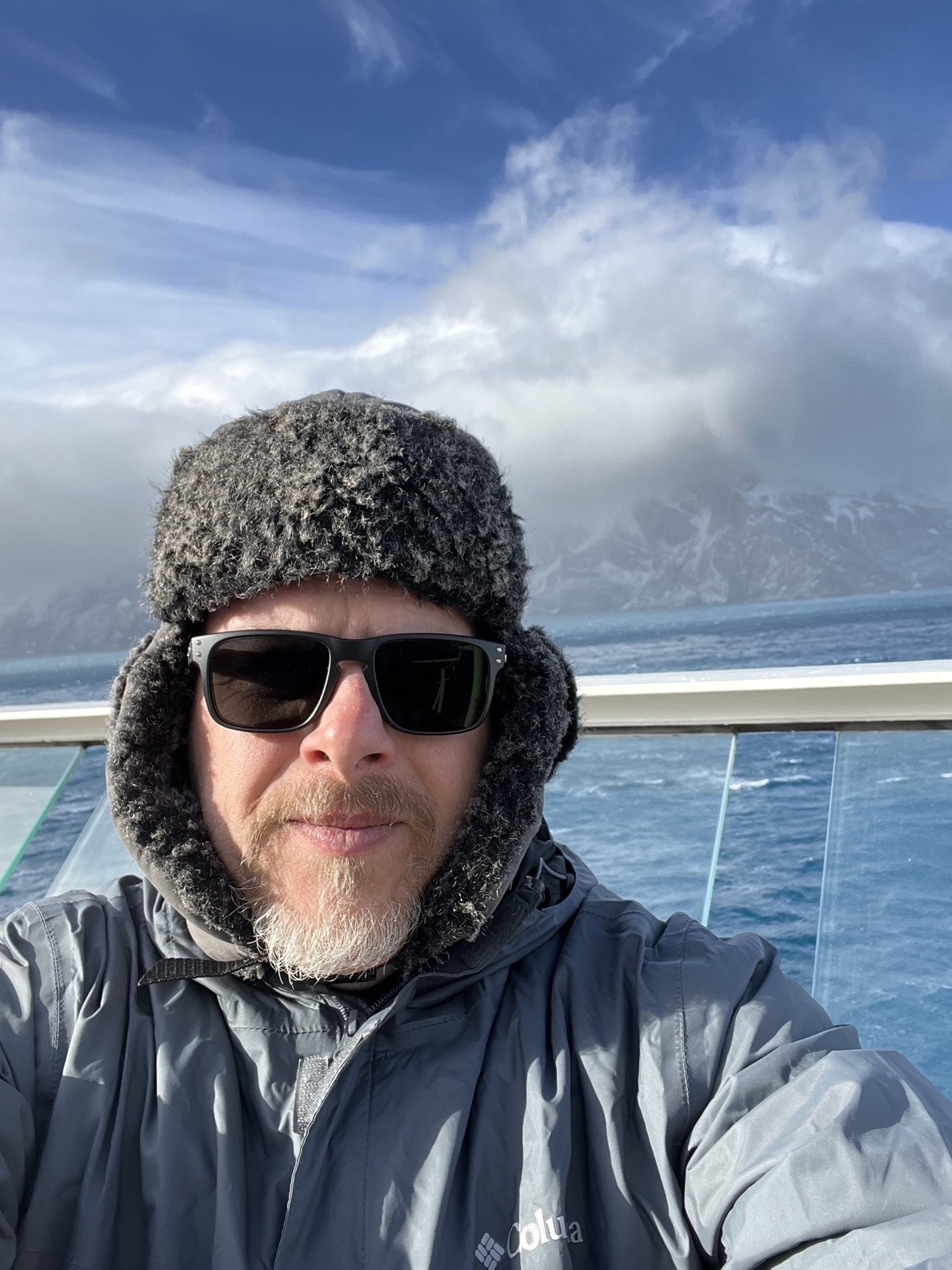 Selfie of myself with the Antarctic Ocean and Elephant Island in the background. 