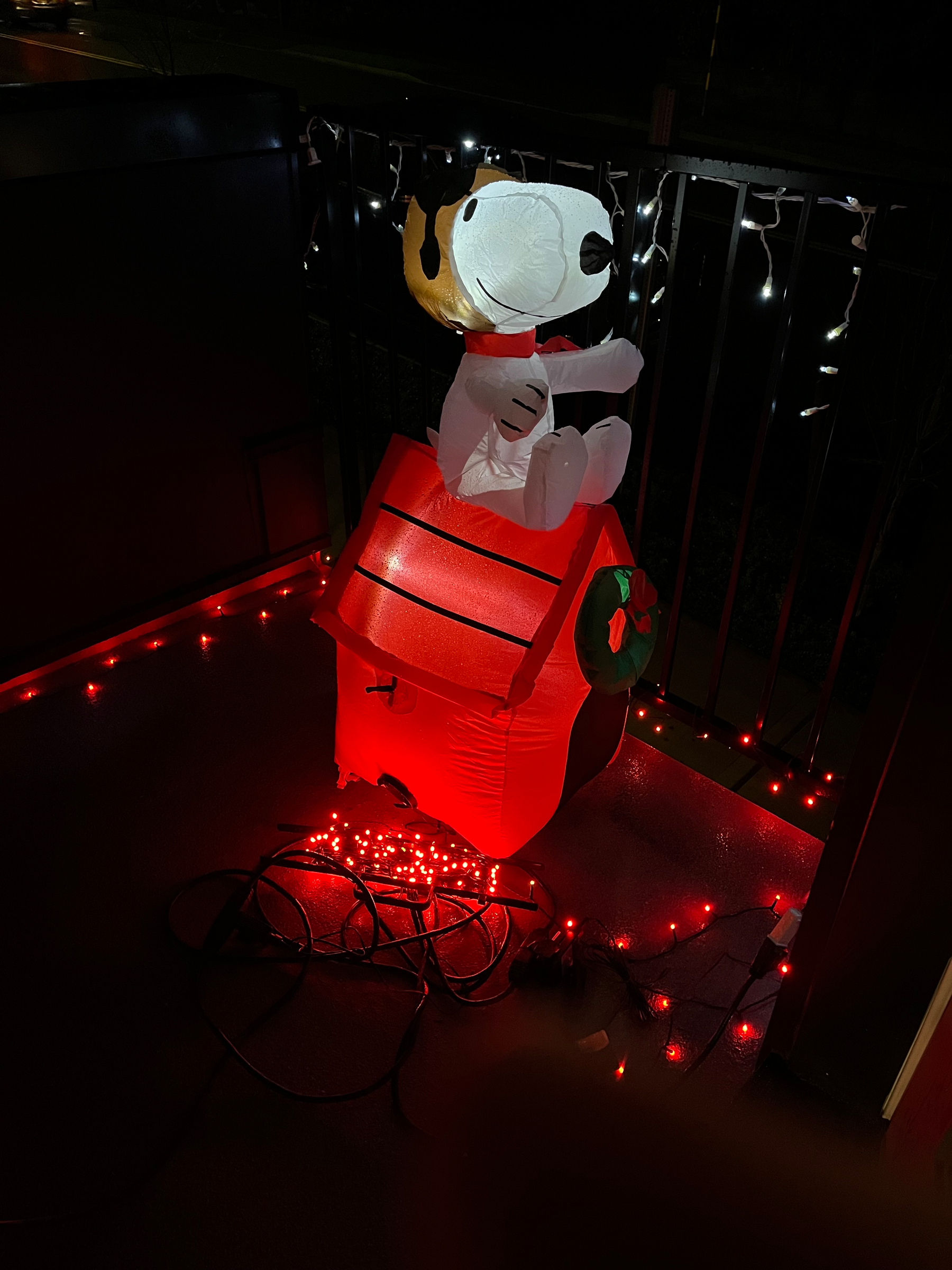 Inflatable Snoopy on his dog house light up at night surrounded by red and white Christmas lights. 